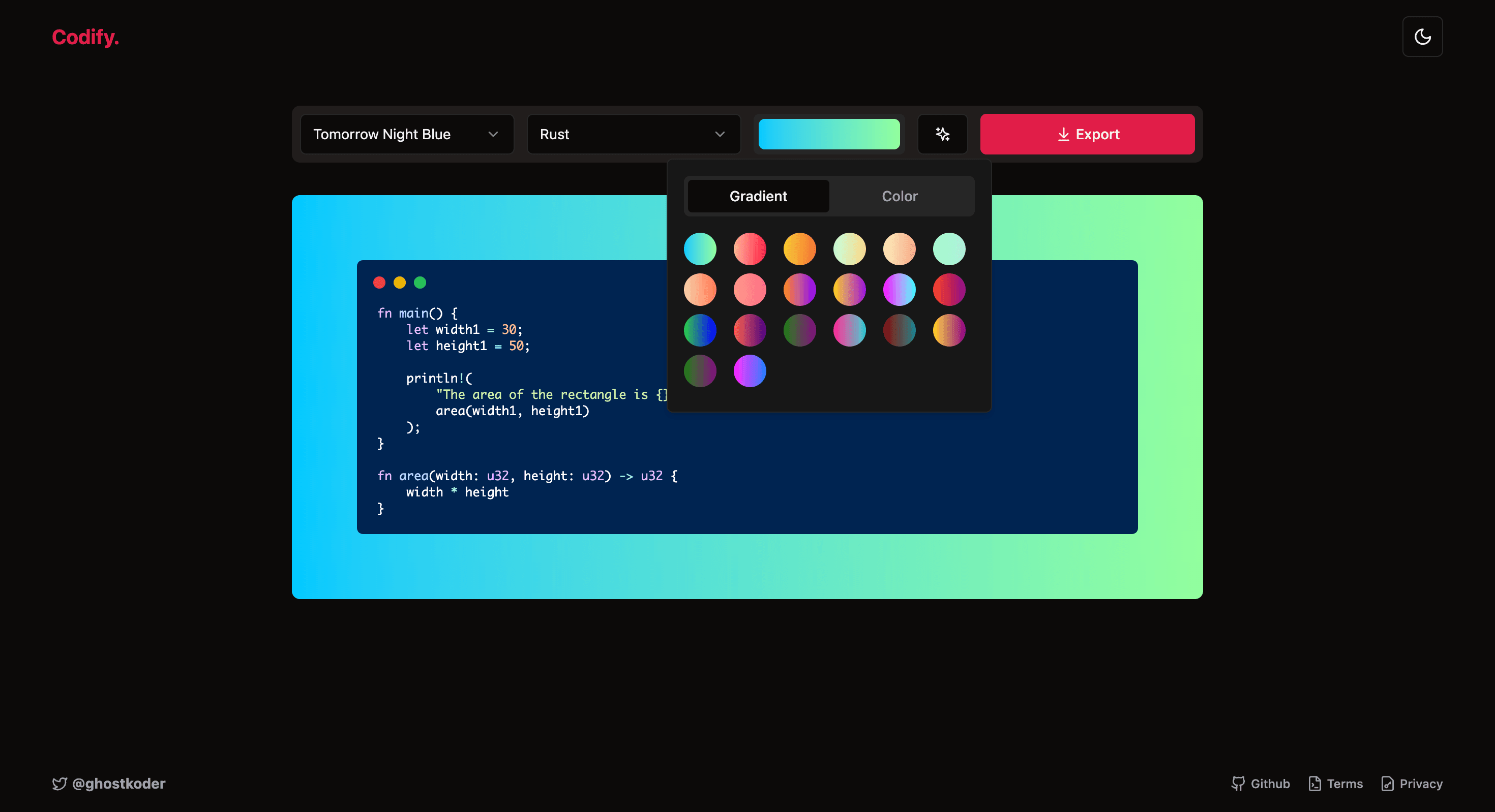 Dark mode with color gradient screenshot of codify webapp