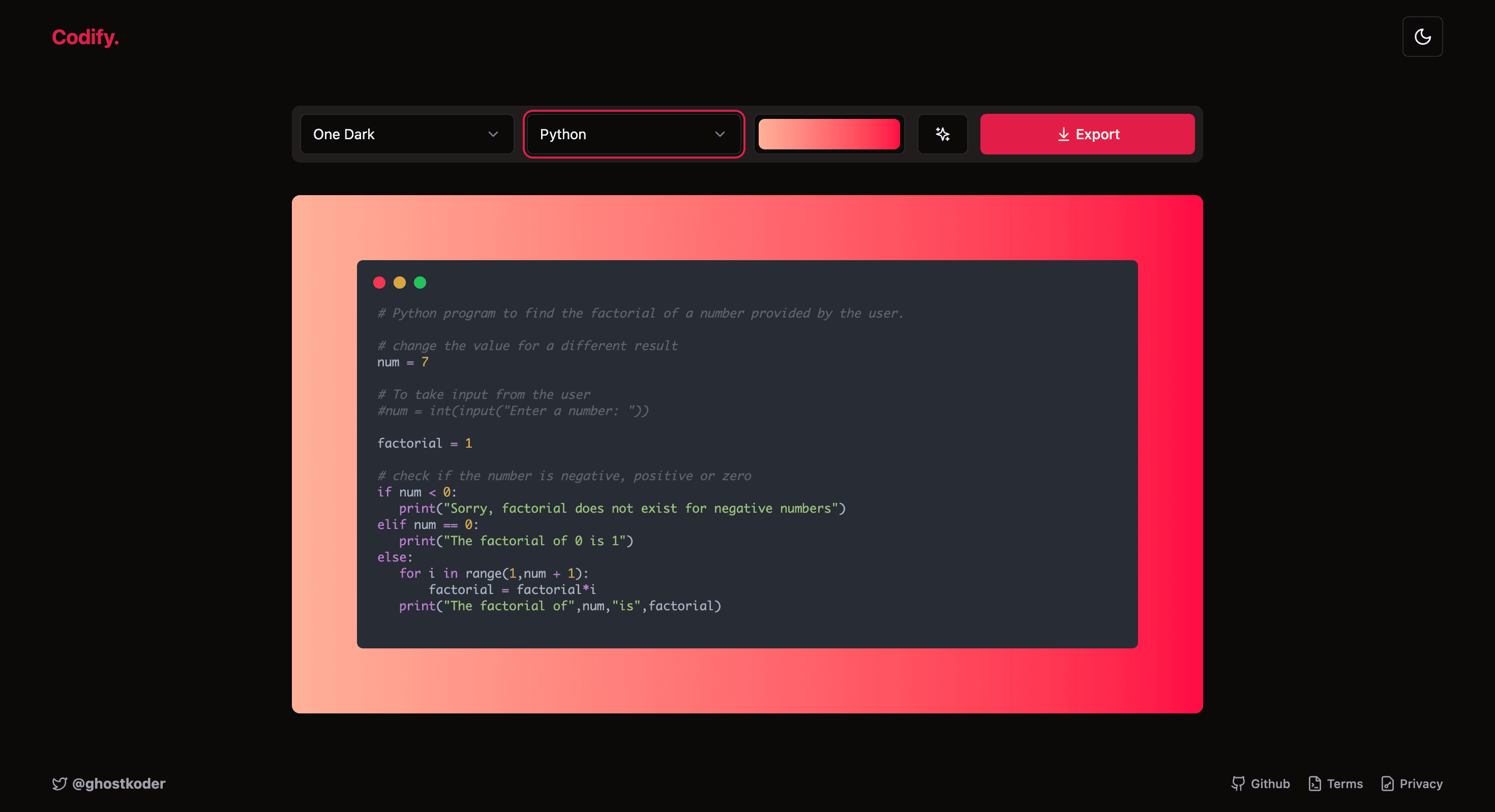 Dark mode screenshot of codify webapp